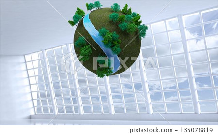 Earth with trees floating in room 135078819