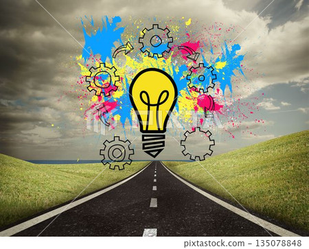 Colourful light bulb graphic in countryside Colourful light bulb graphic in countryside 135078848