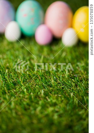 Easter eggs with focus on grass in garden 135078859