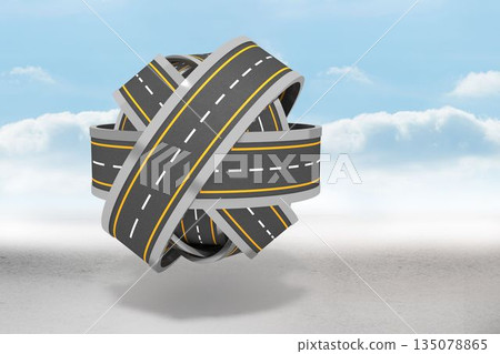 Surreal 3D render is showing knot of asphalt highways with yellow stripes floating above grey plane Surreal 3D render is showing knot of asphalt highways with yellow stripes floating above grey plane 135078865