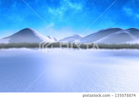 Snowy plain is stretching across flat design with rolling hills, evergreen trees and starry sky 135078874
