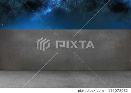 Flat illustration is showing open concrete courtyard meeting tall grey wall under starry night sky 135078982