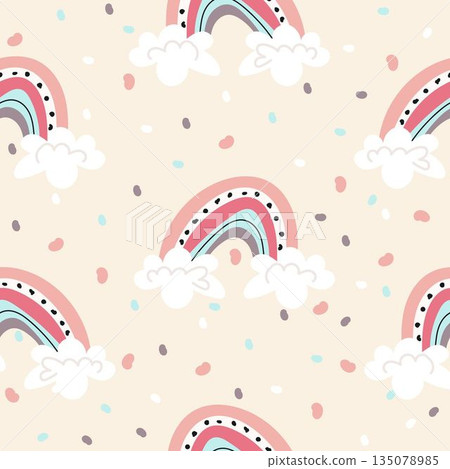 Square image of pastel rainbow with clouds and jelly beans repeated on beige background, copy space Square image of pastel rainbow with clouds and jelly beans repeated on beige background, copy space 135078985