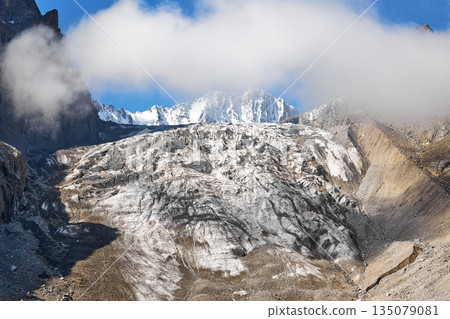 Glacial landscape with a large glacier on a mountain slope Glacial landscape with a large glacier on a mountain slope 135079081