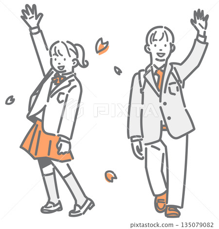 一幅簡潔時尚的線條畫，描繪了一位微笑的高中生揮手致意。 135079082