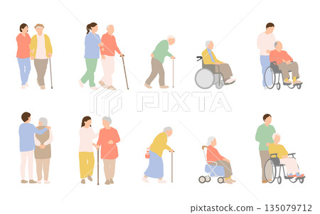 Bright colored assistance-assisted senior outing illustration set Bright colored assistance-assisted senior outing illustration set 135079712