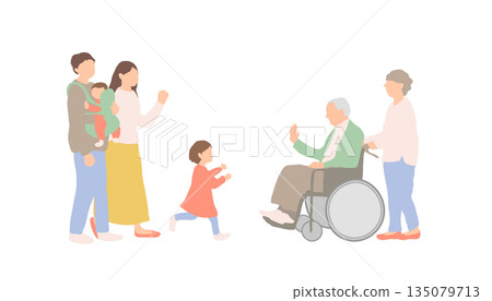 A three-generation family reunion illustration in which grandchildren come to visit their elderly grandfather A three-generation family reunion illustration in which grandchildren come to visit their elderly grandfather 135079713