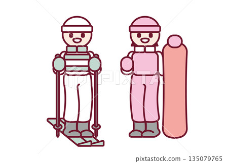 描繪孩子們笑容燦爛地享受滑雪和單板滑雪的插圖 135079765