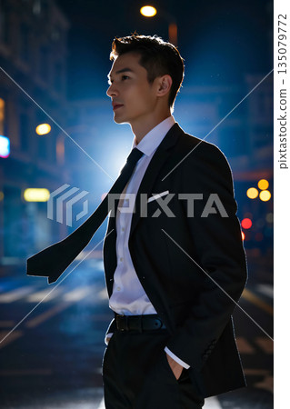 一位身穿西裝的商人夜晚站在城市街頭。 135079772