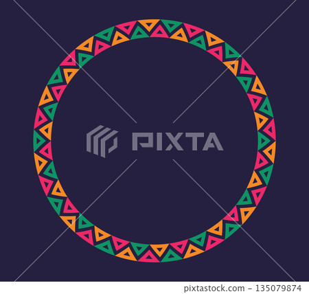 Mexican pattern circle frame. African ethnic motif border. Aztec triangular ornament round frame. Mexican text frame. African ethnic culture ornament. Vector illustration isolated on dark background 135079874