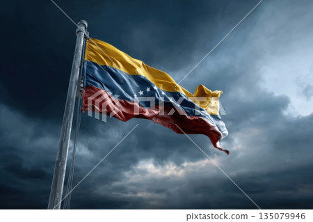 burning Venezuela flag on dramatic sky burning Venezuela flag on dramatic sky 135079946