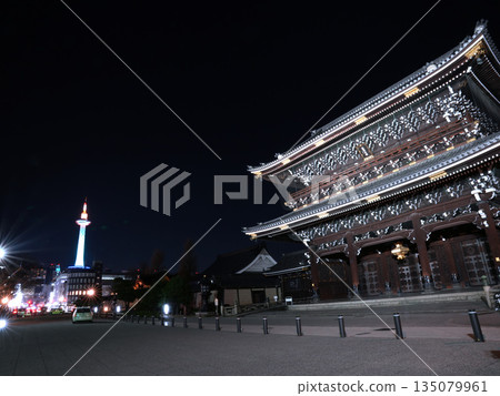 Night view of Higashi Honganji Temple Goei-do Gate and Kyoto Tower Night view of Higashi Honganji Temple Goei-do Gate and Kyoto Tower 135079961