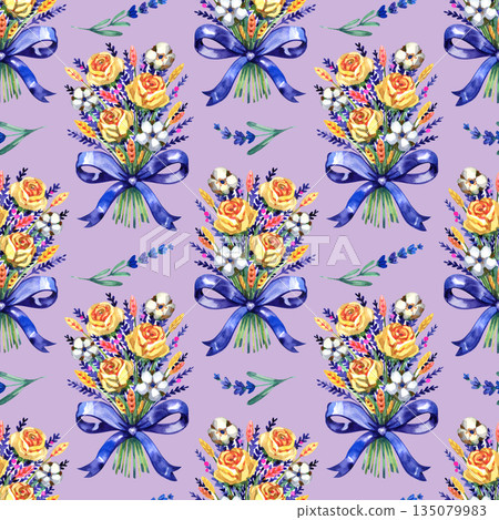 Seamless watercolor pattern featuring vibrant floral bouquets. Yellow roses, purple lavender, and cotton flowers are tied with elegant blue ribbons, creating a romantic and rustic Provencal aesthetic. Seamless watercolor pattern featuring vibrant floral bouquets. Yellow roses, purple lavender, and cotton flowers are tied with elegant blue ribbons, creating a romantic and rustic Provencal aesthetic. 135079983