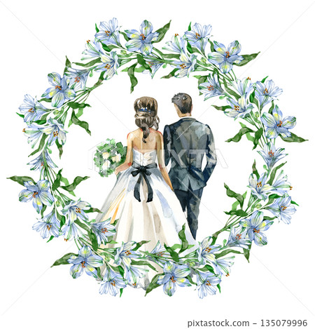 Watercolor wedding couple embraced inside a circular frame of white alstroemeria flowers. Perfect for invitations, save-the-date cards, romantic prints and elegant decorative designs. Watercolor wedding couple embraced inside a circular frame of white alstroemeria flowers. Perfect for invitations, save-the-date cards, romantic prints and elegant decorative designs. 135079996