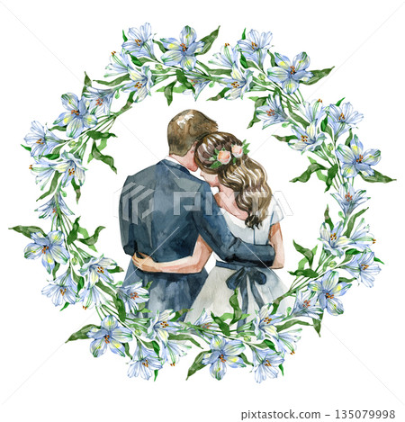 Watercolor wedding couple embraced inside a circular frame of white alstroemeria flowers. Perfect for invitations, save-the-date cards, romantic prints and elegant decorative designs. Watercolor wedding couple embraced inside a circular frame of white alstroemeria flowers. Perfect for invitations, save-the-date cards, romantic prints and elegant decorative designs. 135079998