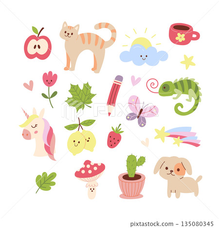 Cute Hand Drawn Clipart Set with Animals, Fruits, Flowers and Cozy Elements 135080345
