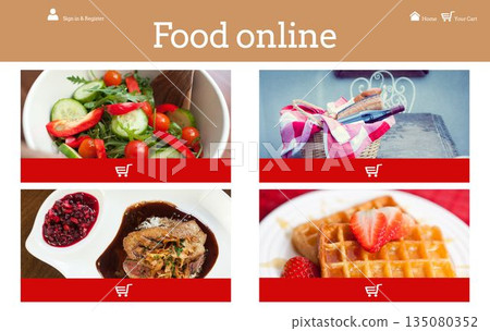 Food ordering UI is showing flat design grid with dish images, cart icons on transparent background Food ordering UI is showing flat design grid with dish images, cart icons on transparent background 135080352