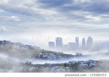Cluster of modern skyscrapers are emerging through ground mist in flat design with rocky terrain Cluster of modern skyscrapers are emerging through ground mist in flat design with rocky terrain 135080353
