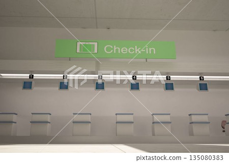 Flat design terminal is showing six check-in counters, monitors, green Check-in sign, suitcase icon Flat design terminal is showing six check-in counters, monitors, green Check-in sign, suitcase icon 135080383