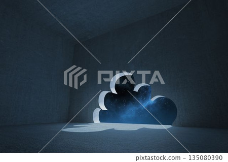 Flat design is showing cloud portal in concrete chamber revealing blue nebula and glowing floor 135080390