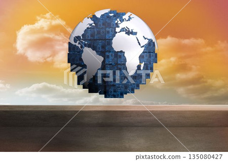 Futuristic earth floating in sky 135080427