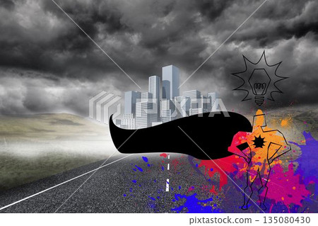 Superhero on splashes over street Superhero on splashes over street 135080430