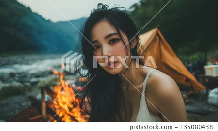 beautiful woman camping 135080438