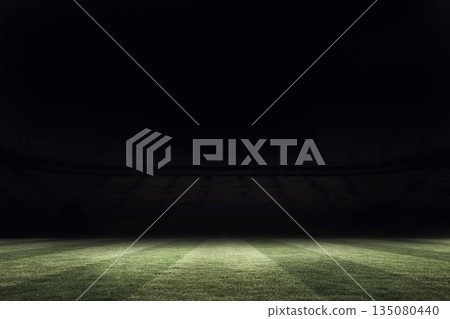 Grass pitch is glowing under floodlights in flat design sports stadium, showing mowing stripes 135080440