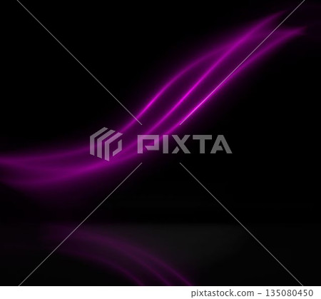 Three glowing magenta streaks are curving upward on glossy black floor in abstract digital design 135080450