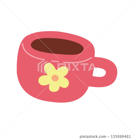 Cute Pink Coffee Cup with Flower Hand Drawn Illustration 135080481