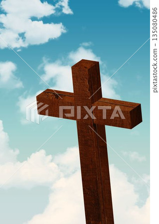 Wooden cross with wood grain is standing against blue sky with clouds in flat design Wooden cross with wood grain is standing against blue sky with clouds in flat design 135080486