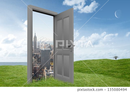 Digital image of door opening at cityscape on grassy hill Digital image of door opening at cityscape on grassy hill 135080494