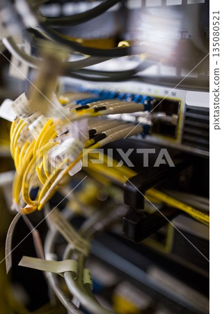 Fiber optic patch panel with yellow cables is being shown in flat design inside server rack Fiber optic patch panel with yellow cables is being shown in flat design inside server rack 135080521