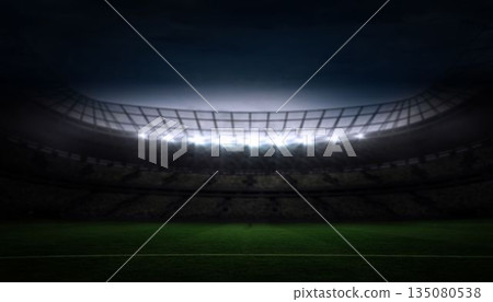 Grass football pitch is glowing under night floodlights in flat design showing roof, seating tiers Grass football pitch is glowing under night floodlights in flat design showing roof, seating tiers 135080538