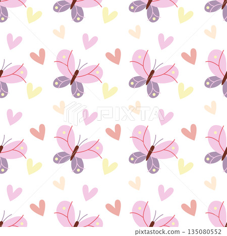 Cute Seamless Butterfly Pattern with Hearts in Pastel Colors Cute Seamless Butterfly Pattern with Hearts in Pastel Colors 135080552