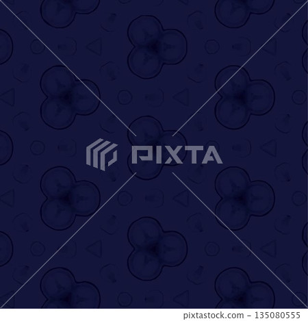 Flat seamless dark blue pattern is featuring tri-lobed motifs with circles triangles keyhole shapes Flat seamless dark blue pattern is featuring tri-lobed motifs with circles triangles keyhole shapes 135080555