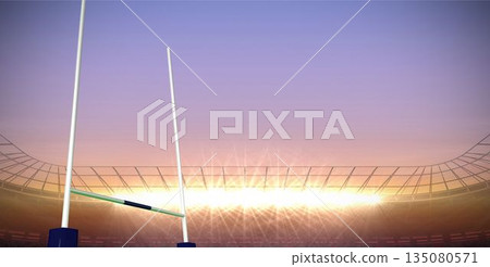 Rugby goalposts are standing in flat design stadium with empty seating at dusk, floodlights glowing Rugby goalposts are standing in flat design stadium with empty seating at dusk, floodlights glowing 135080571