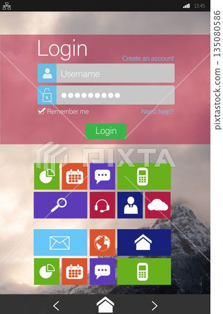 Login window with various icons on device screen Login window with various icons on device screen 135080586