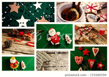 Flat collage design showcasing felt Santa ornament and Christmas treats on green felt backdrop Flat collage design showcasing felt Santa ornament and Christmas treats on green felt backdrop 135080594