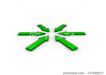 six green arrows in 3D render are pointing inward on white plane, with subtle shadows six green arrows in 3D render are pointing inward on white plane, with subtle shadows 135080657