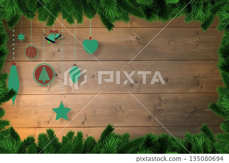 Christmas decorations over wooden planks 135080694