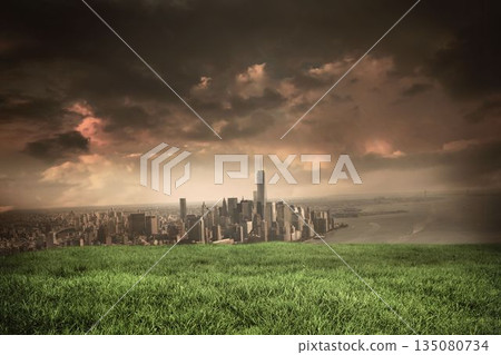 Digital composite of Stormy sky over city Digital composite of Stormy sky over city 135080734