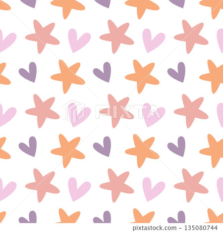 Cute Seamless Pattern with Hearts and Stars in Pastel Colors 135080744