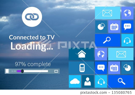 Digitally generated image of progress bar and text with various icons 135080765