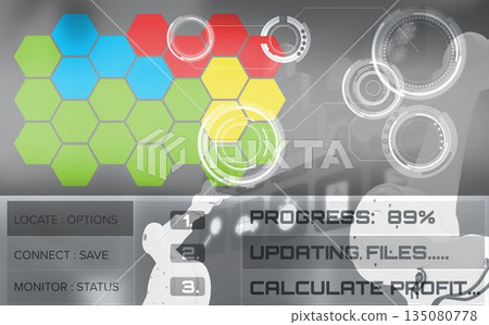 Hexagon shapes with text on device screen 135080778