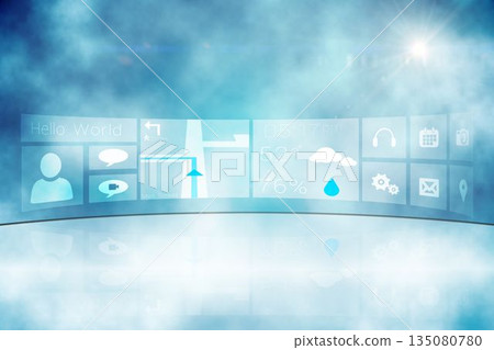 Futuristic curved digital dashboard floating over bluish mist, showing time, map, weather and icons 135080780