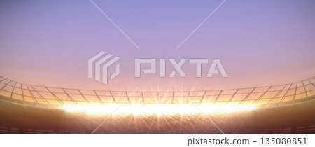 Stadium lighting is showcasing curved seating bowl in flat design, with glowing floodlight fixtures 135080851