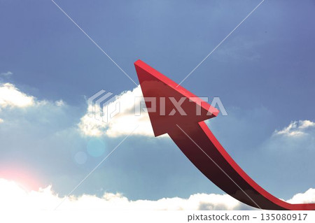 Red curved arrow pointing up against sky Red curved arrow pointing up against sky 135080917