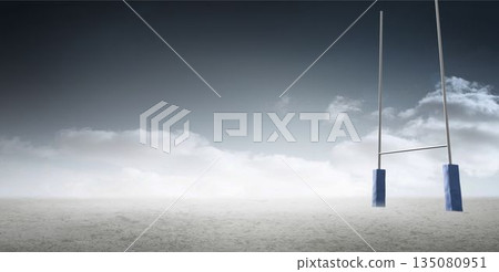 Rugby goalposts with blue padding are standing on dusty field under cloudy sky in flat design 135080951