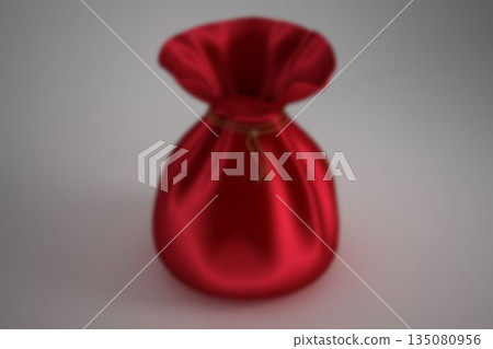 Red satin drawstring pouch is standing on light-gray gradient backdrop in 3D, with golden cord tie Red satin drawstring pouch is standing on light-gray gradient backdrop in 3D, with golden cord tie 135080956